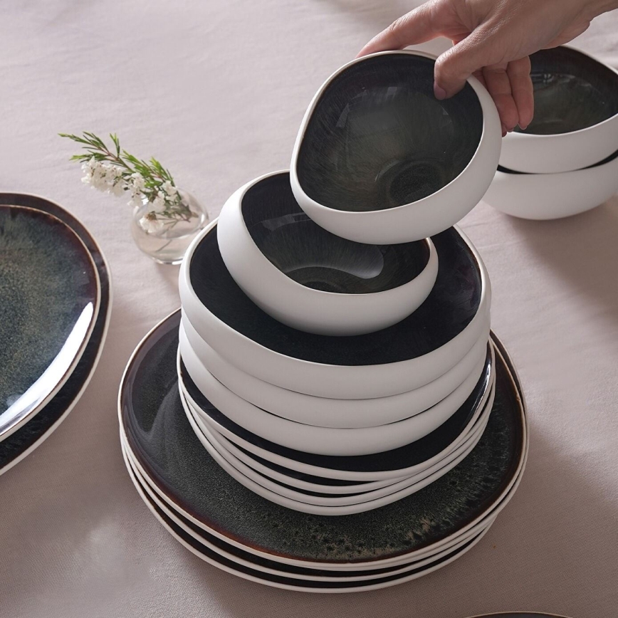 55-delig servies, wit/zwart/steengoed