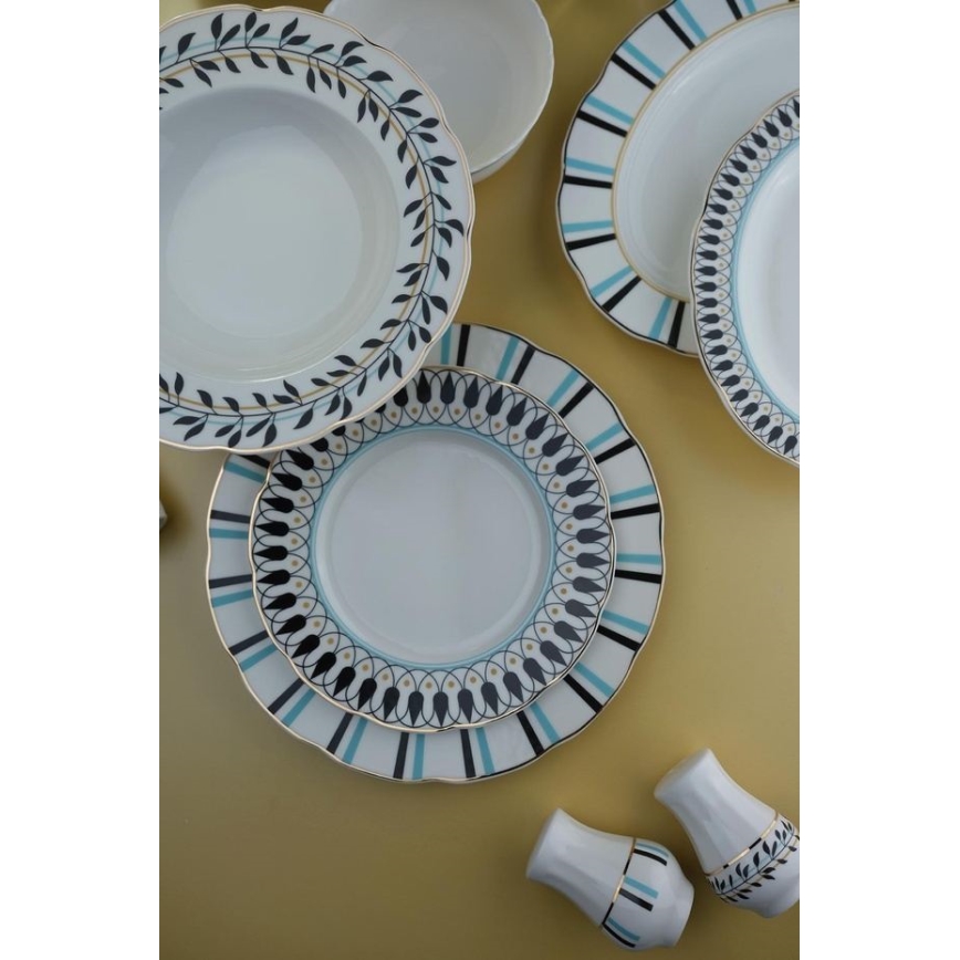 62-delige porseleinen serviesset, wit/blauw/zwart