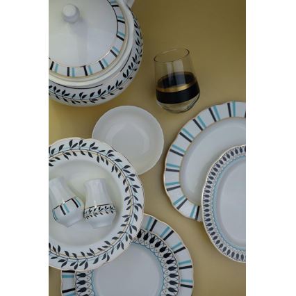 62-delige porseleinen serviesset, wit/blauw/zwart
