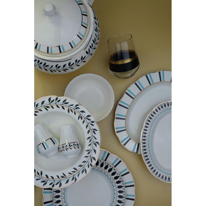 62-delige porseleinen serviesset, wit/blauw/zwart