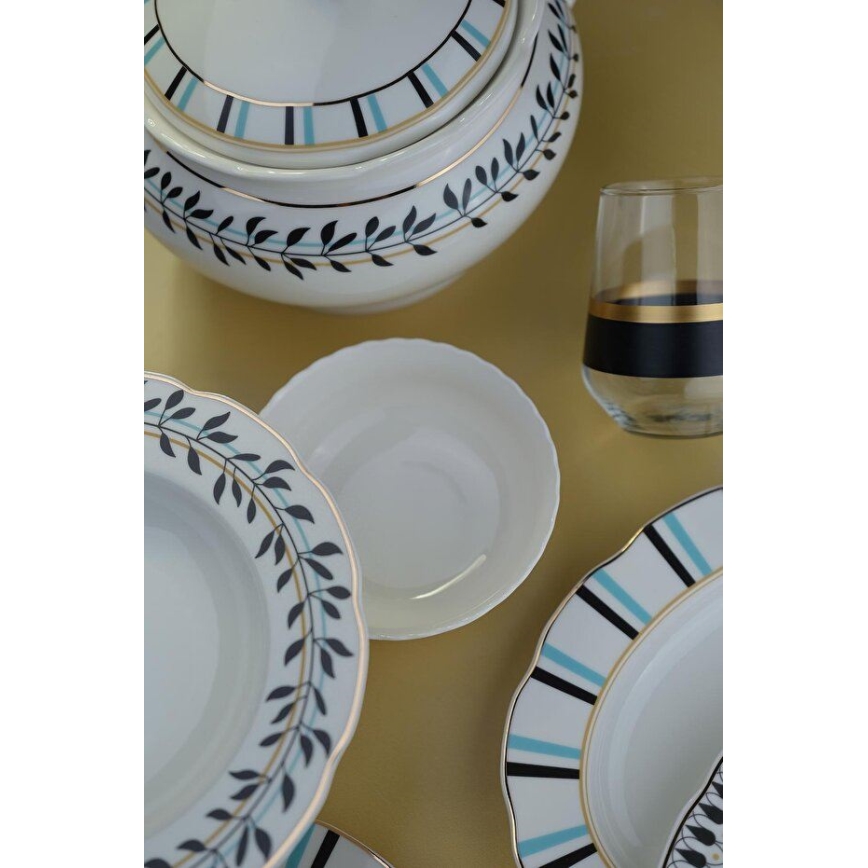 62-delige porseleinen serviesset, wit/blauw/zwart