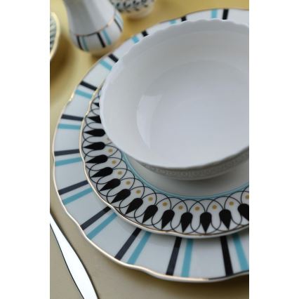 62-delige porseleinen serviesset, wit/blauw/zwart
