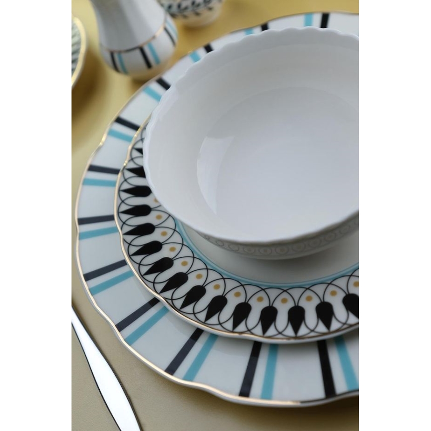 62-delige porseleinen serviesset, wit/blauw/zwart