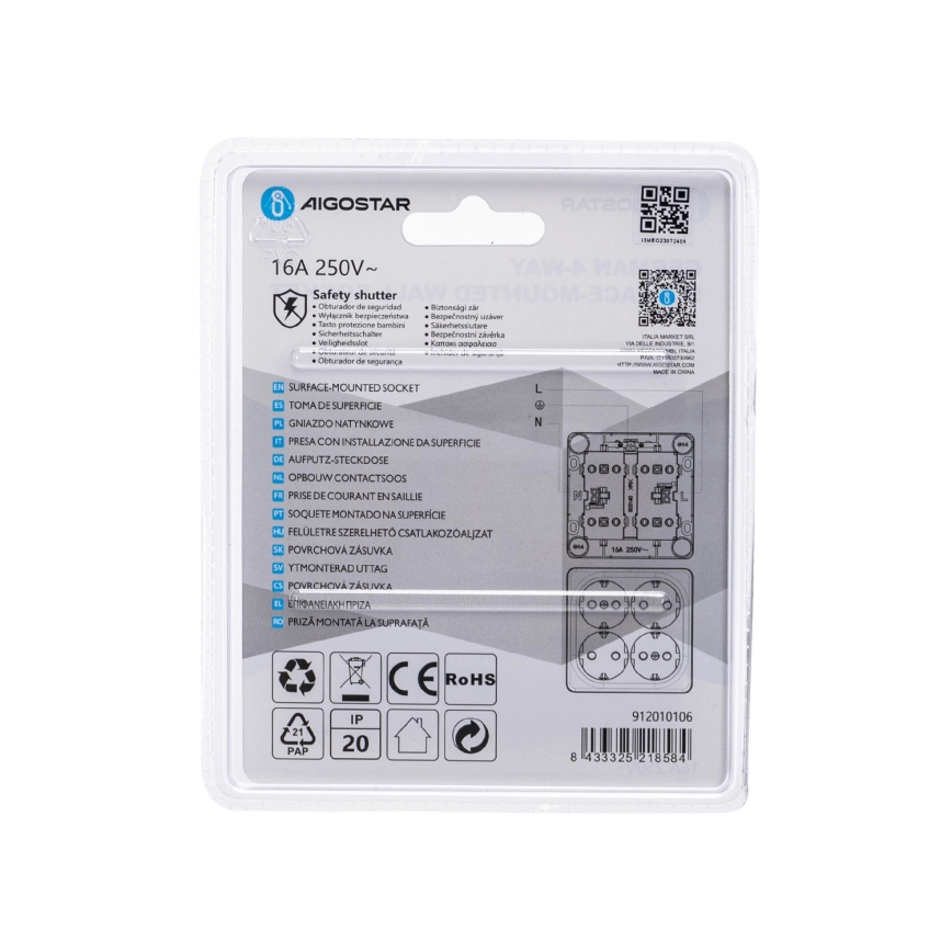 Aigostar - 4-voudige wandcontactdoos SCHUKO 250V wit