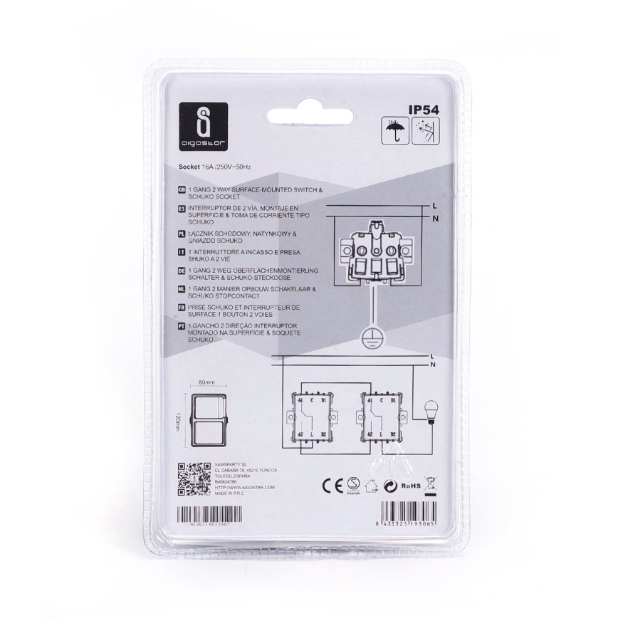 Aigostar - Buiten schakelaar 1P met stopcontact 1x16A/250V IP54 SCHUKO