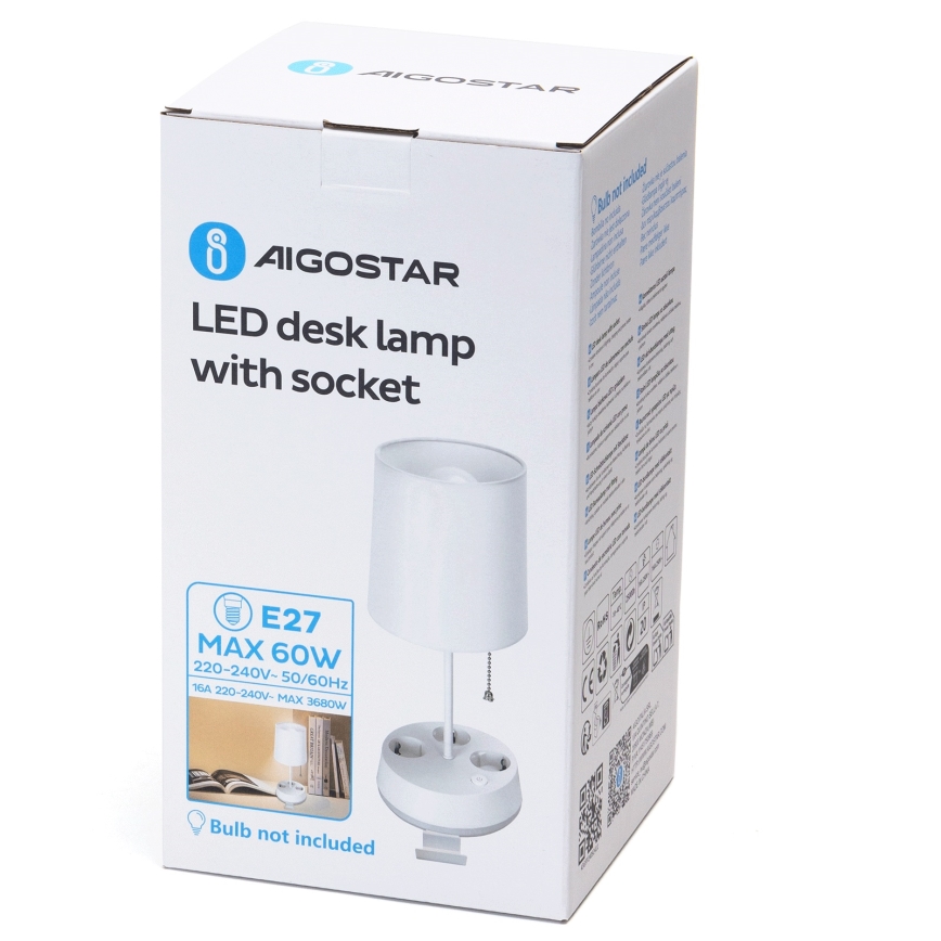 Aigostar - Bureau lamp met stopcontacten 1xE27/60W/230V wit