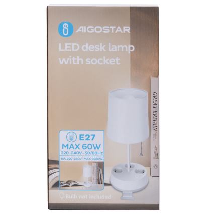 Aigostar - Bureau lamp met stopcontacten 1xE27/60W/230V wit