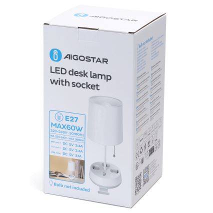Aigostar bureau lamp met stopcontacten en USB-poorten 1xE27/60W/230V wit