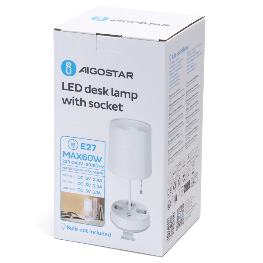 Aigostar bureau lamp met stopcontacten en USB-poorten 1xE27/60W/230V wit
