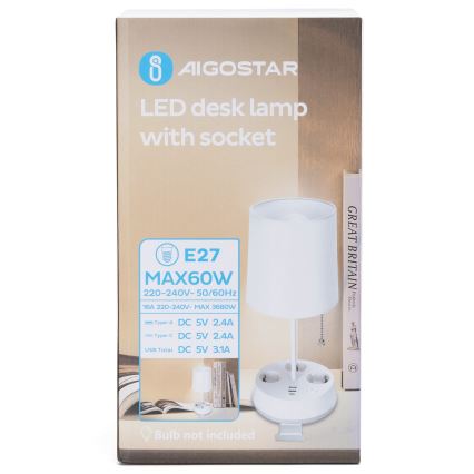 Aigostar bureau lamp met stopcontacten en USB-poorten 1xE27/60W/230V wit