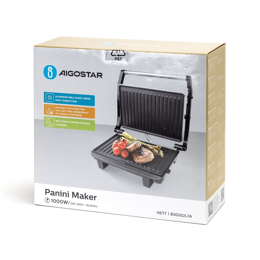 Aigostar - Contactgrill 1000W/230V zwart/mat chroom