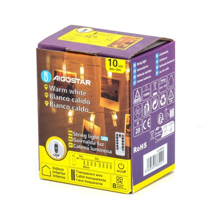 Aigostar - decoratieve LED-lichtsnoer 10xLED/5W/USB 5 m warm wit