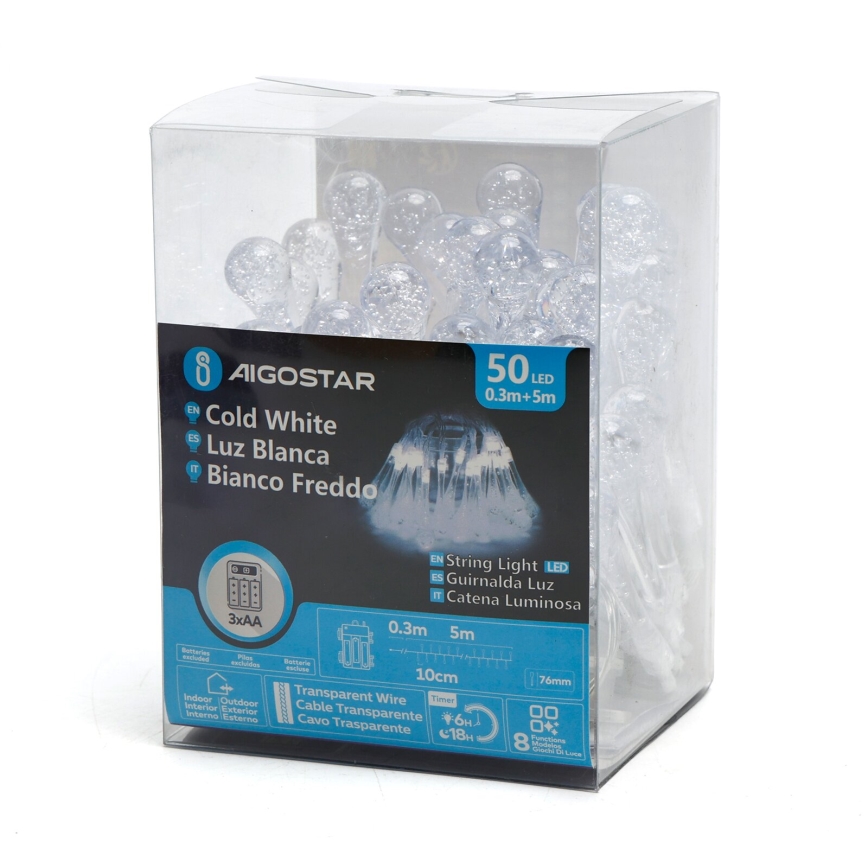 Aigostar - Decoratieve LED Lichtsnoer voor buiten 50xLED/8 Functies 5,3m IP44 koud wit
