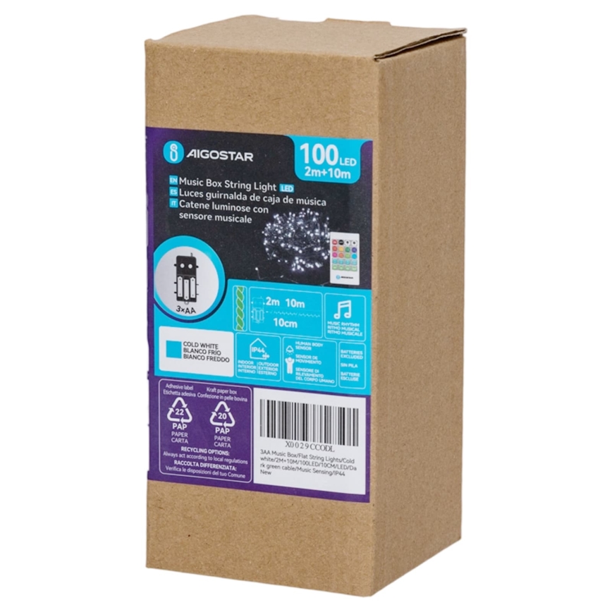 Aigostar - LED dimbare buiten kerstverlichting met bewegingssensor 100xLED/3xAA 12m koel wit + afstandsbediening