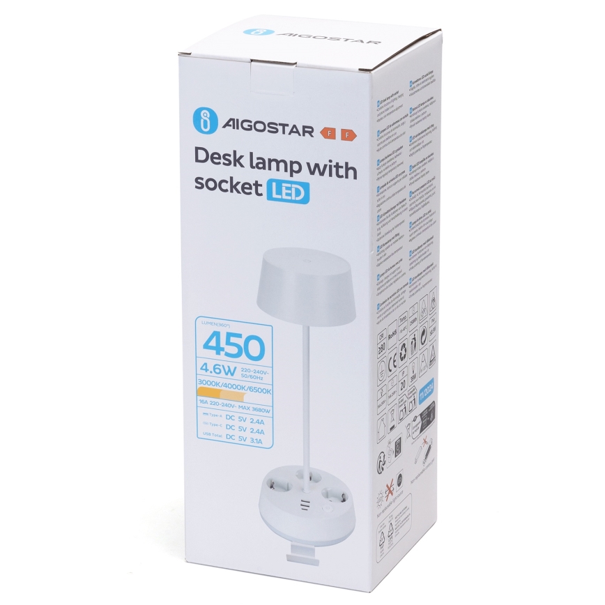 Aigostar - Dimbaar LED Bureau Lamp met Power Outlets en USB Port LED/4.6W/230V 3000/4000/6500K White