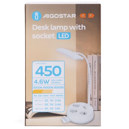 Aigostar - LED Dimbaar Bureau Lamp met Power Outlets en USB LED/4,6W/230V 3000/4000/6500K wit