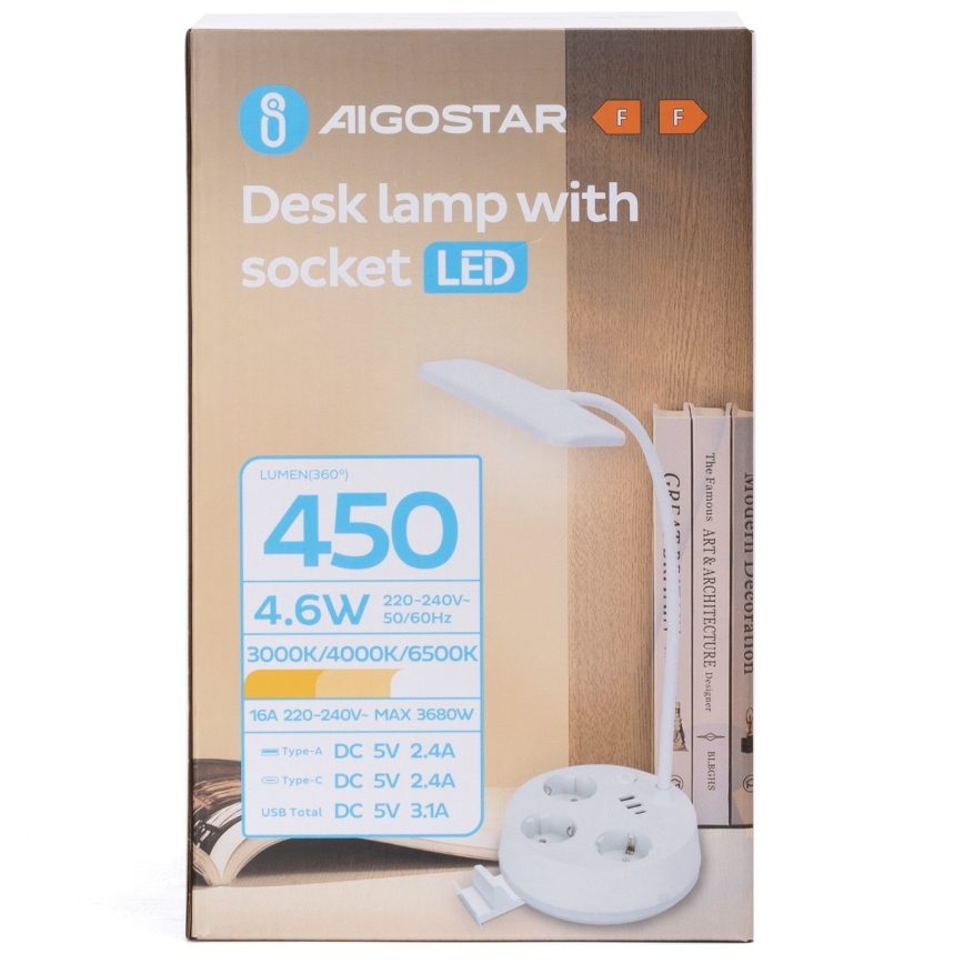 Aigostar - LED Dimbaar Bureau Lamp met Power Outlets en USB LED/4,6W/230V 3000/4000/6500K wit