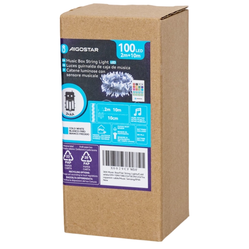 Aigostar - LED dimbaar buiten kerstlichtsnoer met bewegingssensor 100xLED/3xAA 12m koud wit + afstandsbediening
