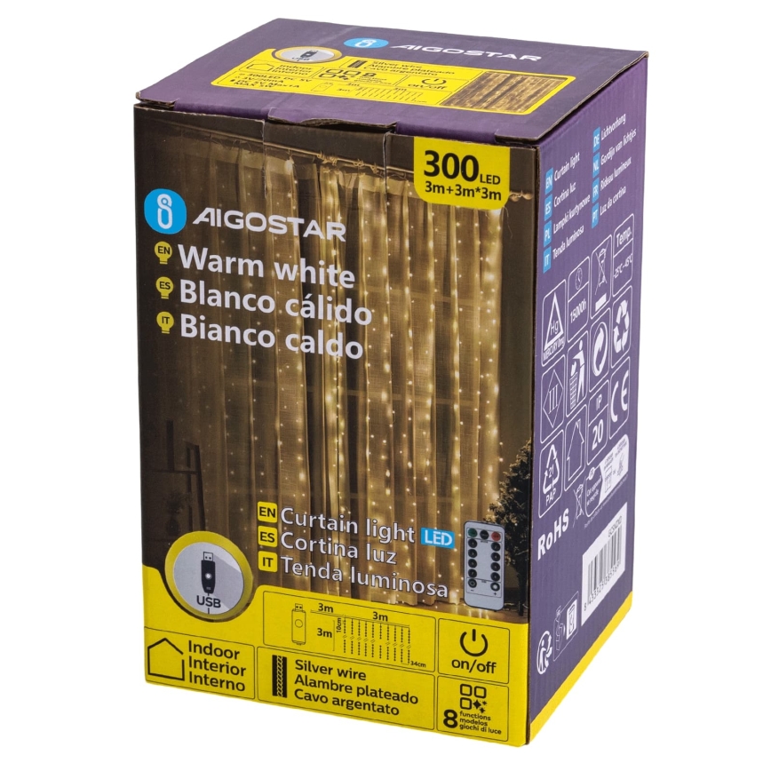 Aigostar - LED dimbaar kerstlichtsnoer 300xLED/8 functies USB 6x3m warm wit + afstandsbediening