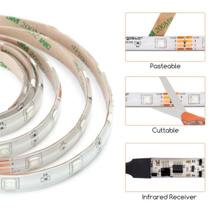 Aigostar - Dimbare LED RGB Strip 5m LED/24W/12/230V IP65 + AB