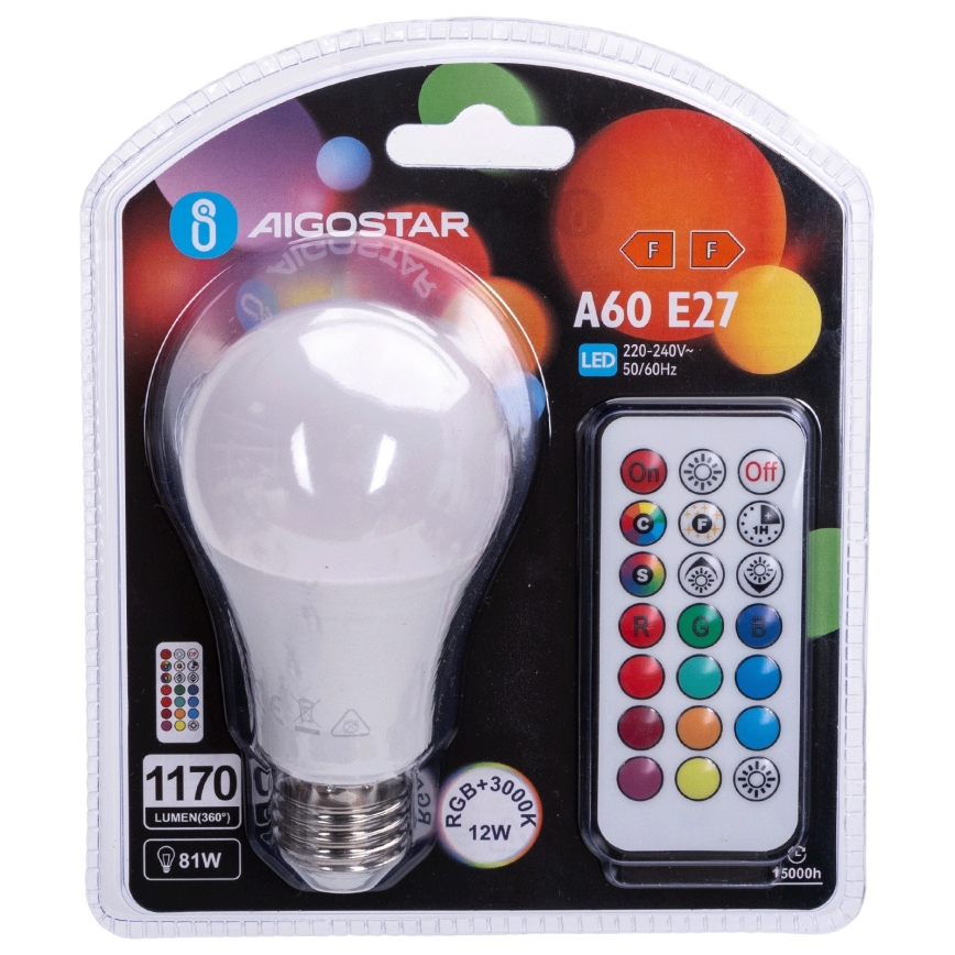 Aigostar - dimbare LED RGBW-lamp E27/12W/230V 3000K + afstandsbediening