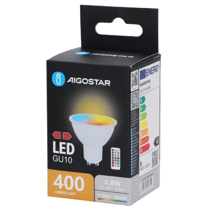 Aigostar - dimbare LED RGBW GU10-lamp, 4,8 W, 230 V, 3000 K + afstandsbediening