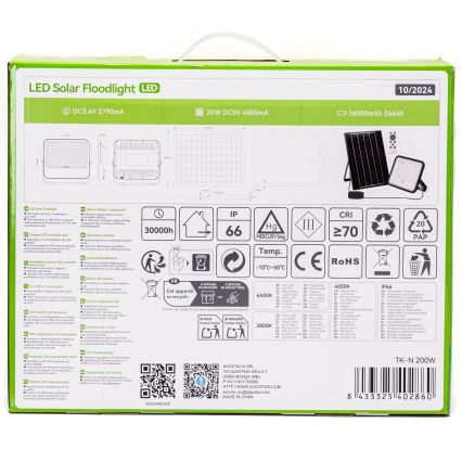 Aigostar - LED-dimbare zonne-schijnwerper LED/200W/3,4V 3000/4000/6500K IP66 16000 mAh + afstandsbediening