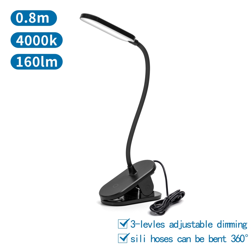 Aigostar - Dimbare LED tafellamp met clip LED/2,5W/5V zwart