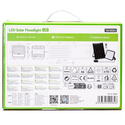 Aigostar - Dimbare LED-zonne schijnwerper LED/100W/3,4V 3000/4000/6500K IP66 8000 mAh + afstandsbediening
