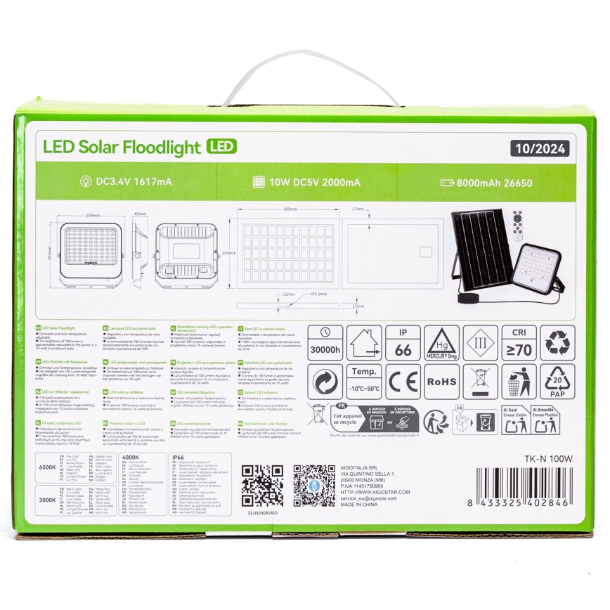 Aigostar - Dimbare LED-zonne schijnwerper LED/100W/3,4V 3000/4000/6500K IP66 8000 mAh + afstandsbediening