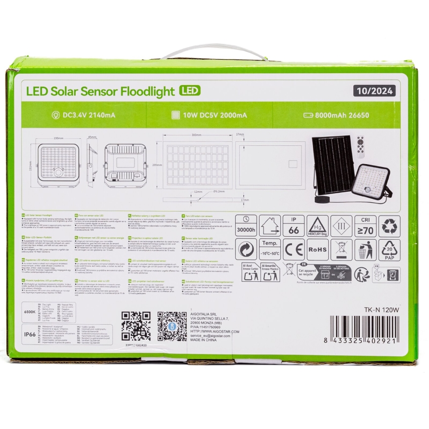Aigostar - Dimbare zonne-LED-schijnwerper met sensor LED/120W/3,4V 6500K IP66 8000 mAh + afstandsbediening