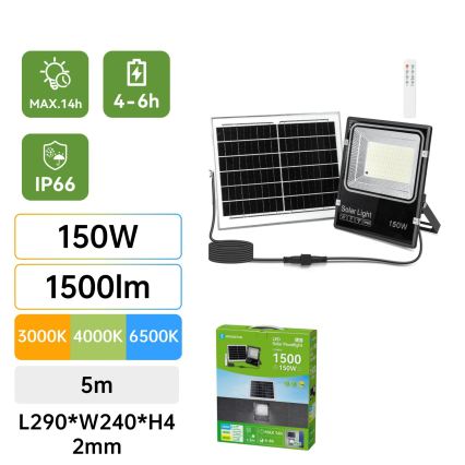 Aigostar - LED Dimbare zonne-schijnwerper LED/150W/3,2V 3000mAh 3000K/4000K/6500K IP66 + afstandsbediening