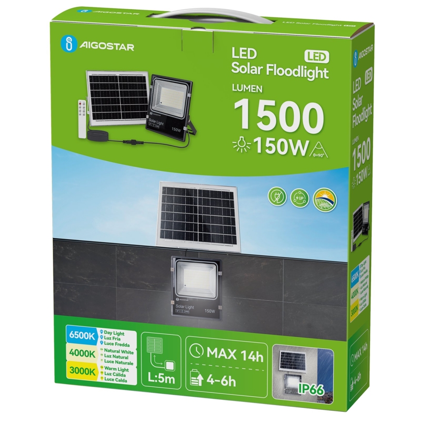 Aigostar - LED Dimbare zonne-schijnwerper LED/150W/3,2V 3000mAh 3000K/4000K/6500K IP66 + afstandsbediening