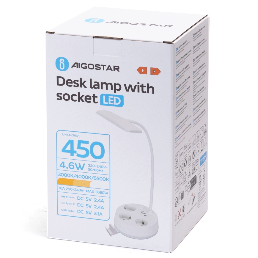 Aigostar - Dimbare tafel lamp met USB en stopcontacten LED/4,6W/230V 3000/4000/6500K wit