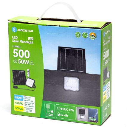Aigostar - LED-dimbare zonne-schijnwerper LED/50W/3,4V 3000/4000/6500K IP66 4000 mAh + afstandsbediening