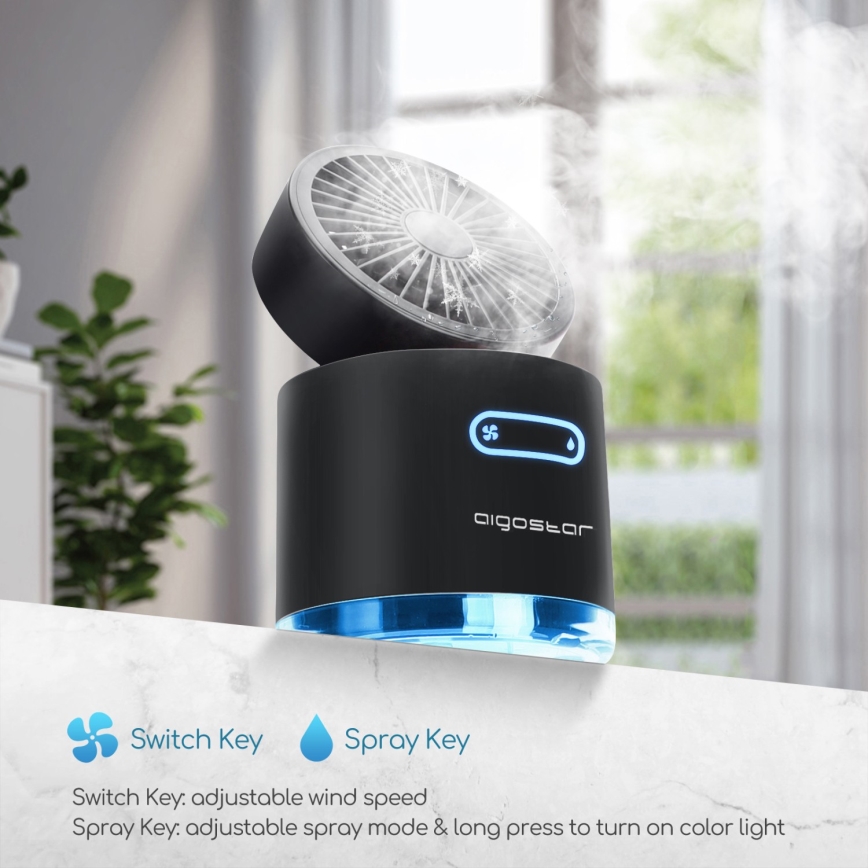 Aigostar - RGB Draadloos mini tafel ventilator met misteffect MIST 10W/5V zwart