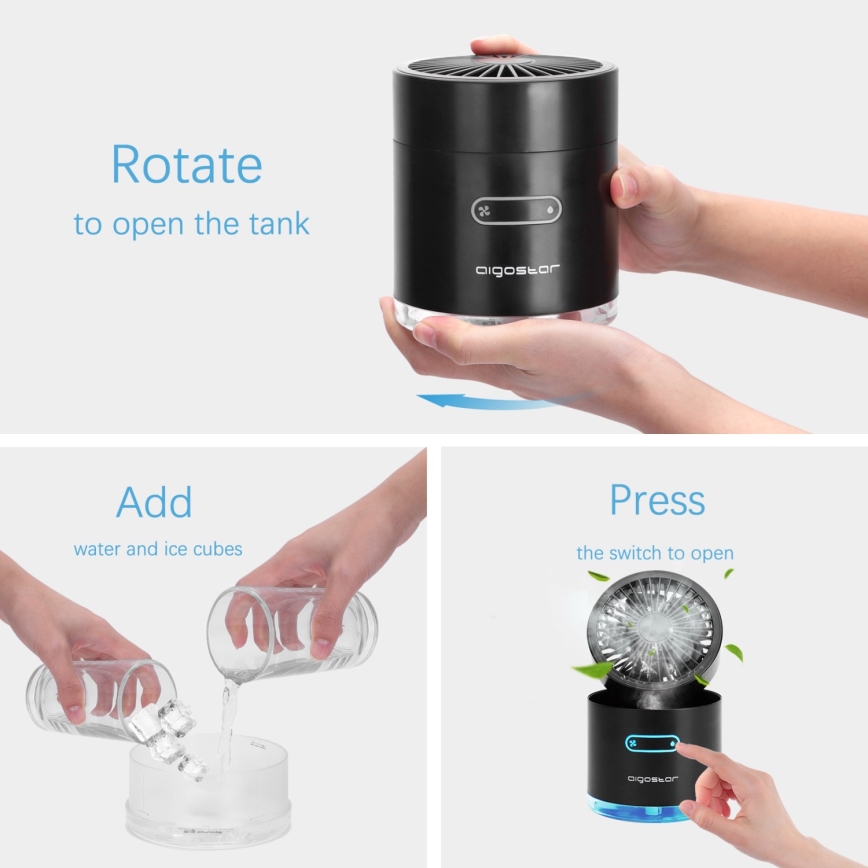 Aigostar - RGB Draadloos mini tafel ventilator met misteffect MIST 10W/5V zwart