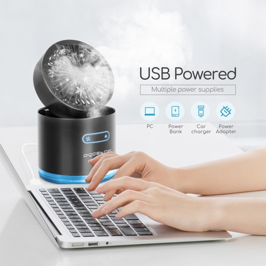 Aigostar - RGB Draadloos mini tafel ventilator met misteffect MIST 10W/5V zwart