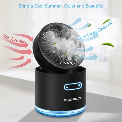 Aigostar - RGB Draadloos mini tafel ventilator met misteffect MIST 10W/5V zwart