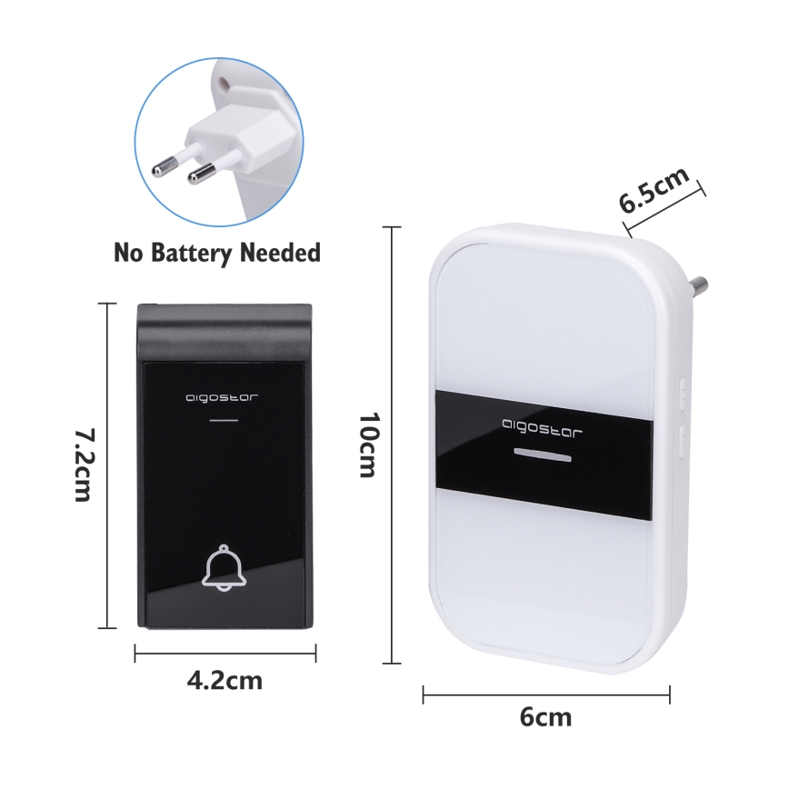 Aigostar - Draadloze deurbel voor stopcontact 230V/12V IP44 wit/zwart
