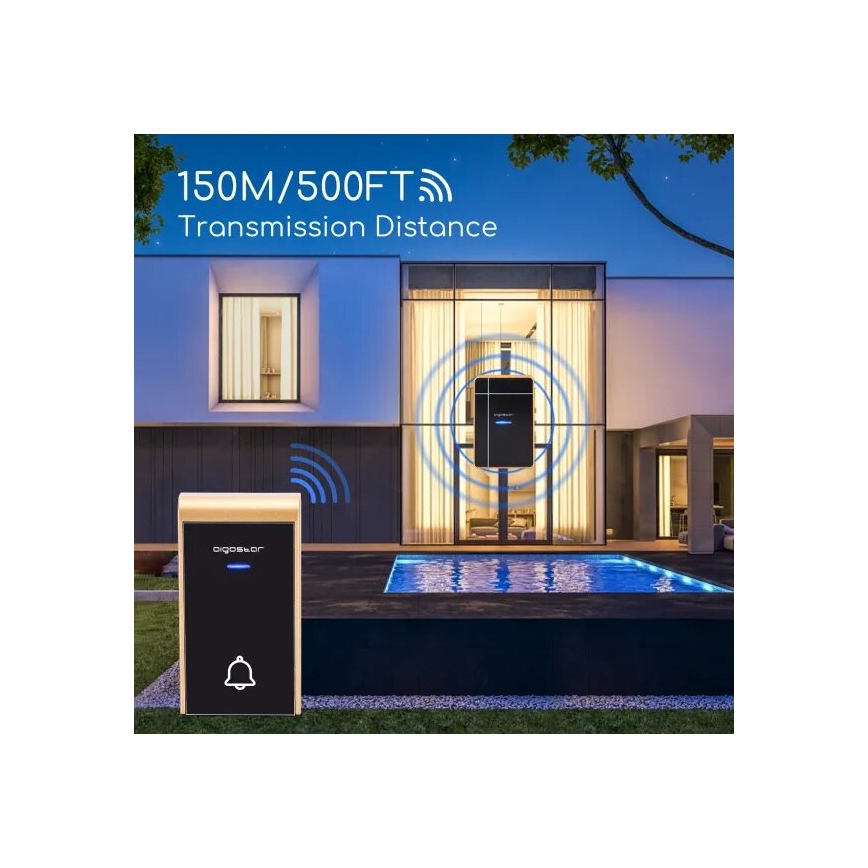 Aigostar - Draadloze deurbel 3xAA/12V IP44 zwart/koper