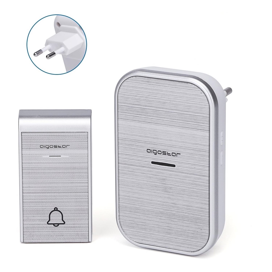 Aigostar - Draadloze deurbel met stekker 230V/12V IP44 zilver