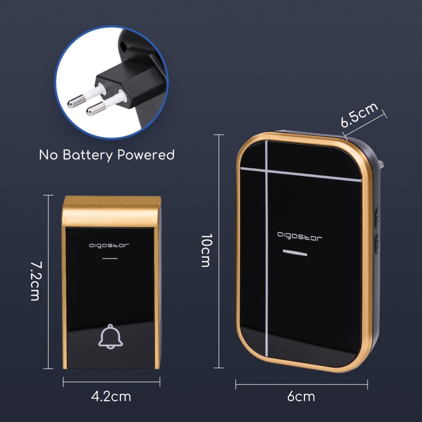 Aigostar - Draadloze deurbel voor 230V/12V-stopcontact, IP44, zwart