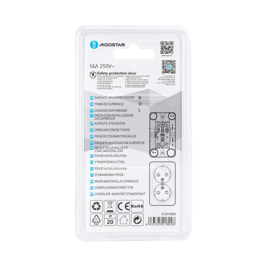 Aigostar - Dubbele wandcontactdoos SCHUKO 250V wit