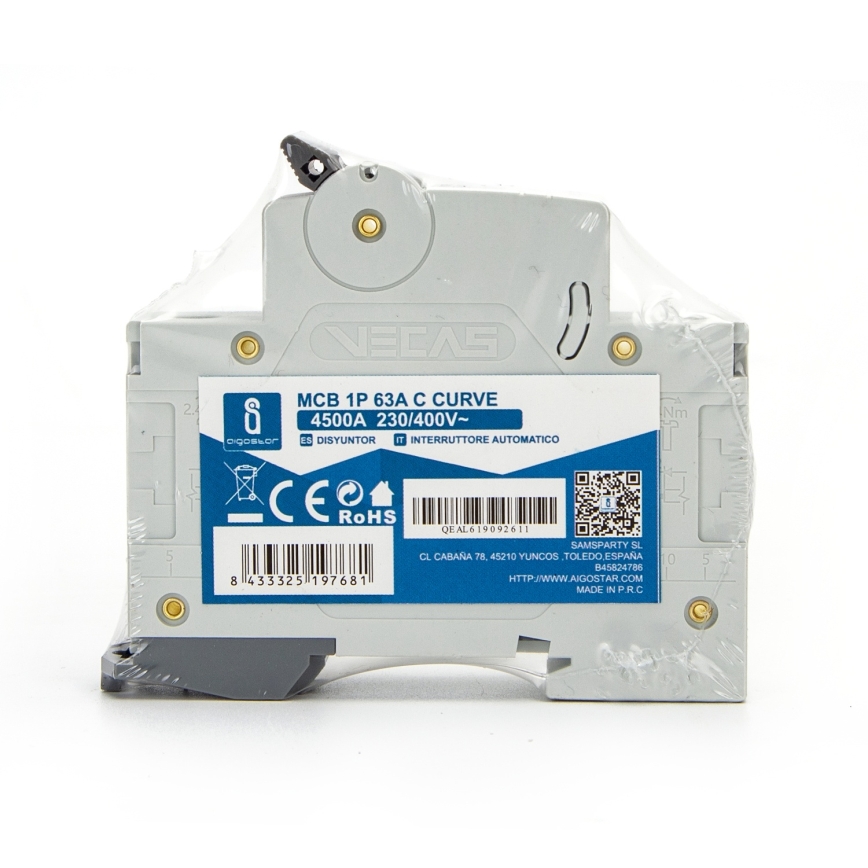 Aigostar - Eenpolige installatieautomaat 1P 63A (type C) 230-400V