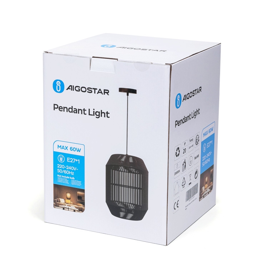 Aigostar - Hanglamp met snoer 1xE27/60W/230V zwart Ø 23 cm
