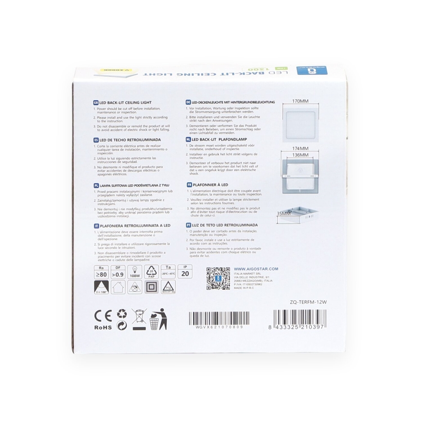 Aigostar - LED Aan plafond bevestigde lamp LED/12W/230V 17,3x17,3 cm 3000K wit