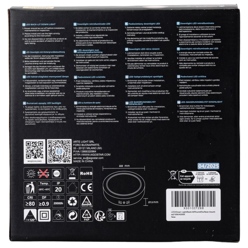 Aigostar - LED Aan plafond bevestigde lamp LED/18W/230V diameter 22,6 cm 4000K wit