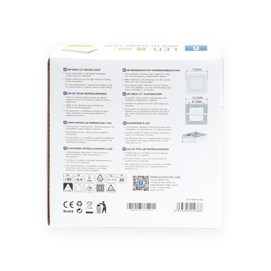 Aigostar - LED Aan plafond bevestigde lamp LED/6W/230V 12,2x12,2 cm 3000K wit