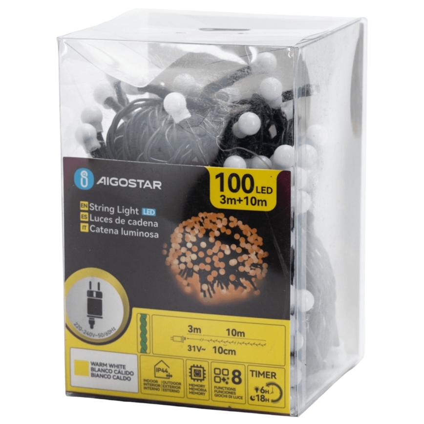 Aigostar - LED buitendecoratieve lichtslinger 100xLED/8 functies 10 m IP44 warm wit